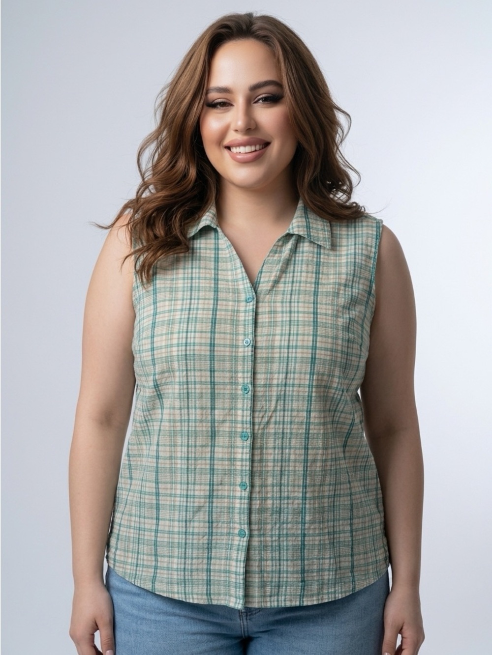 Carroll Reid XL Sleeveless Green Plaid Button-Fronti Top